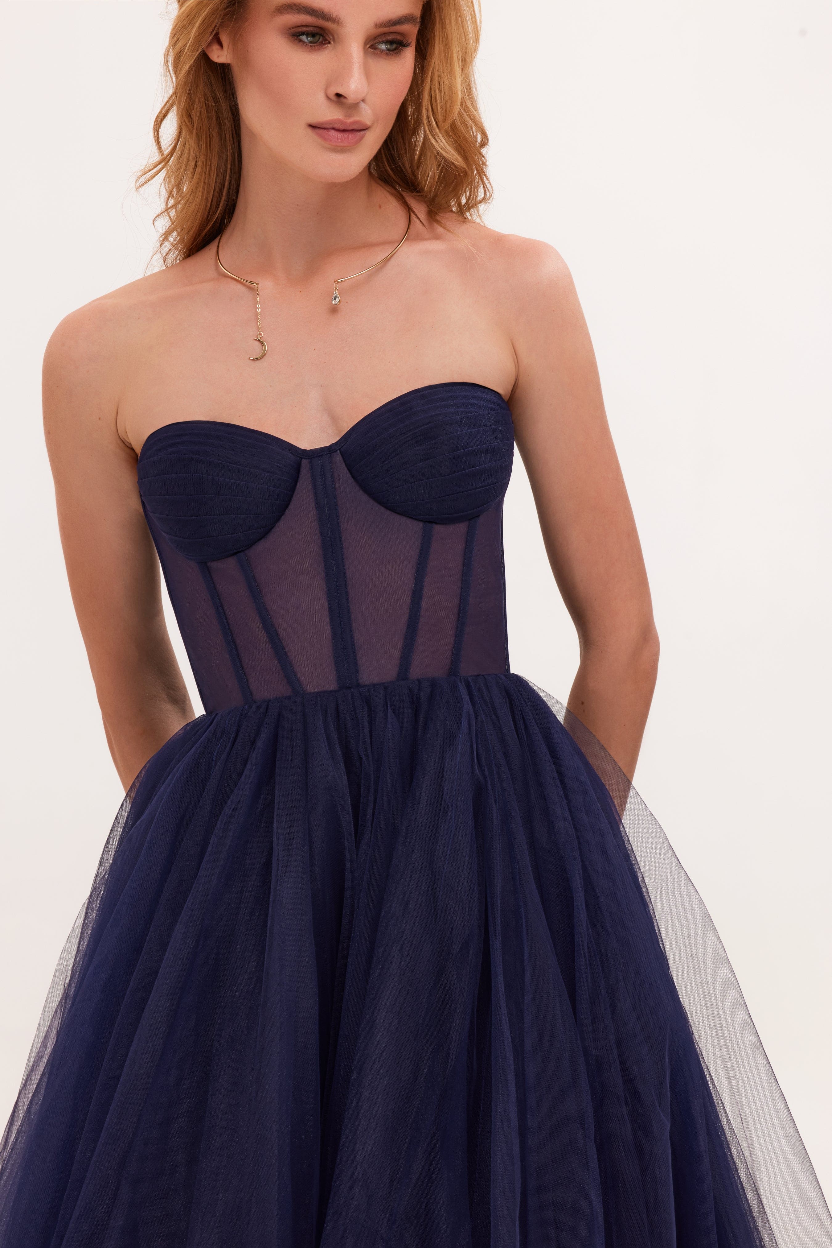 Navy Strapless Puffy Midi Tulle Dress - Image 5