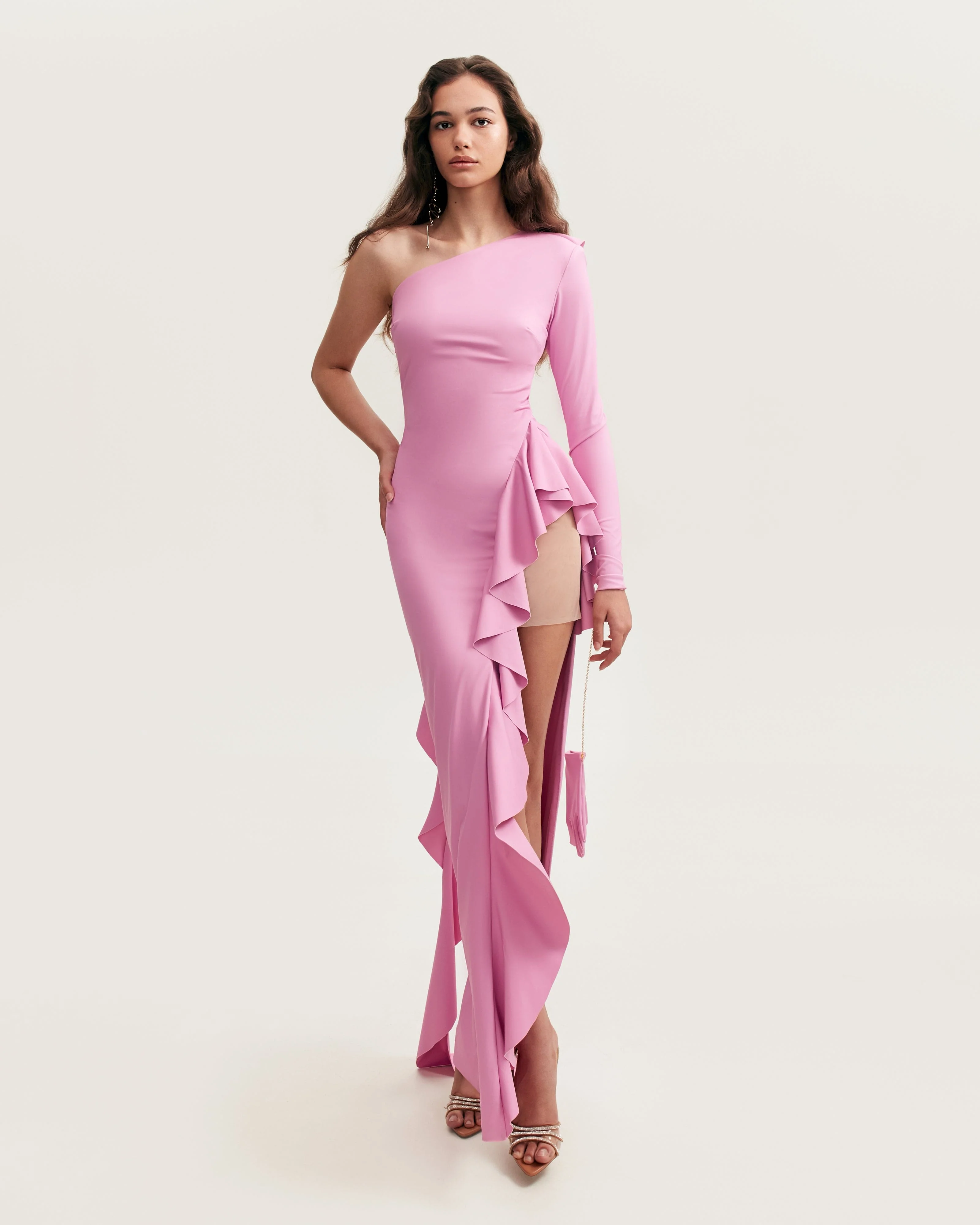 One-shoulder ruffle-trimmed maxi dress in pink, Xo Xo