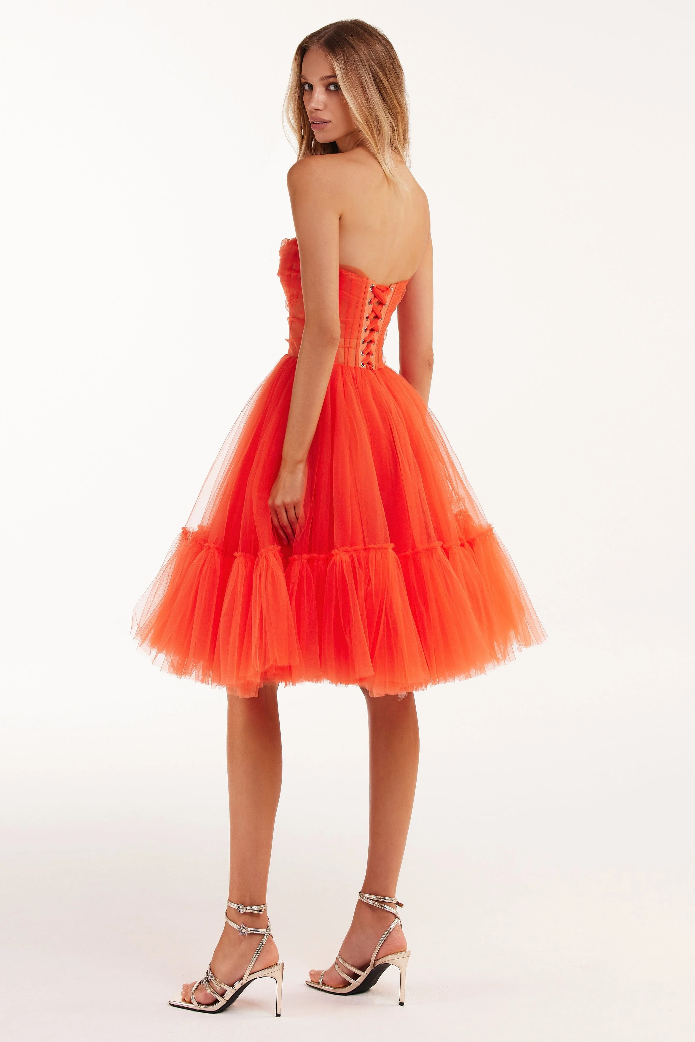 Passion Strapless Tulle mini dress in red coral color - Image 3