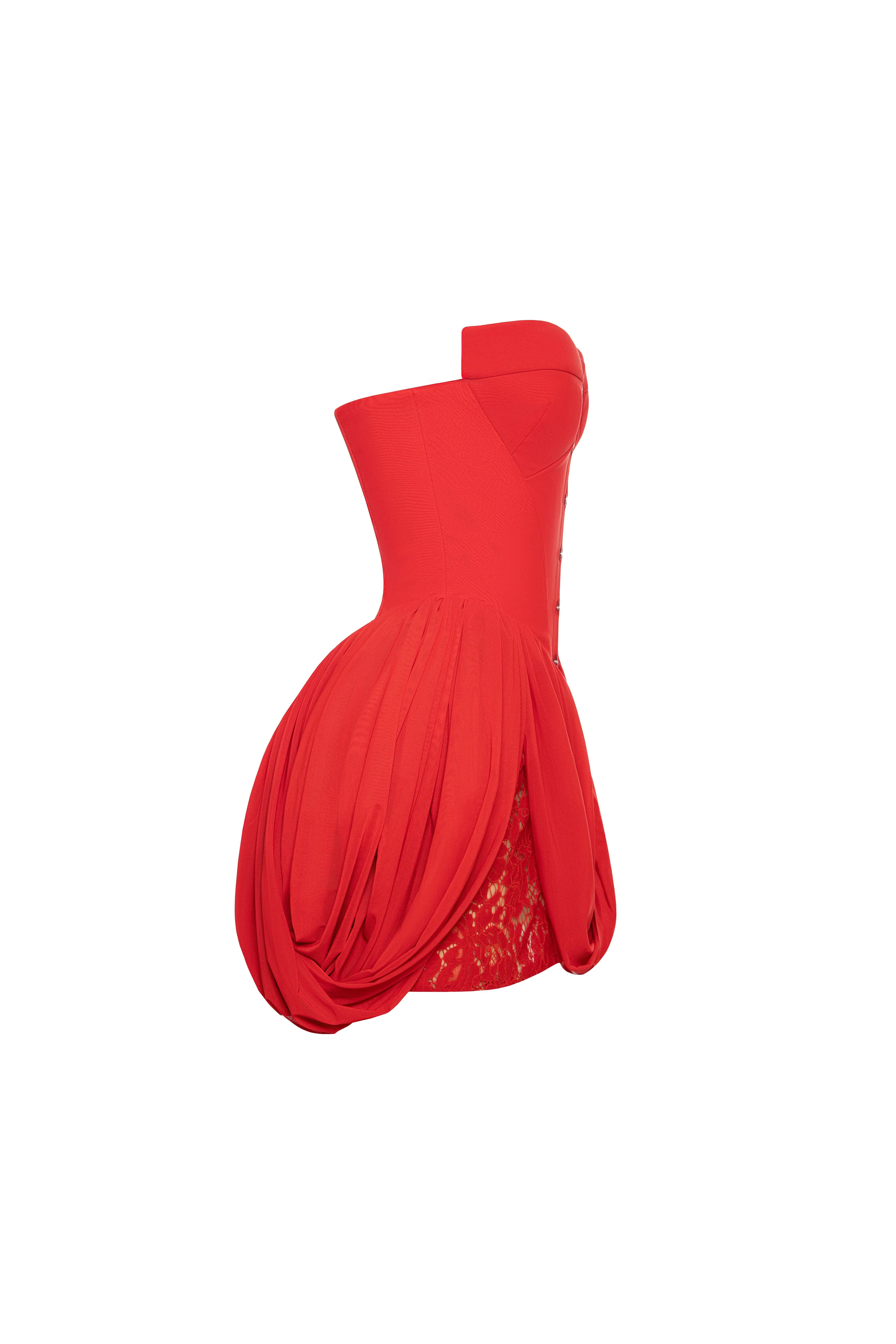 Red corset mini dress with draped skirt - Image 6