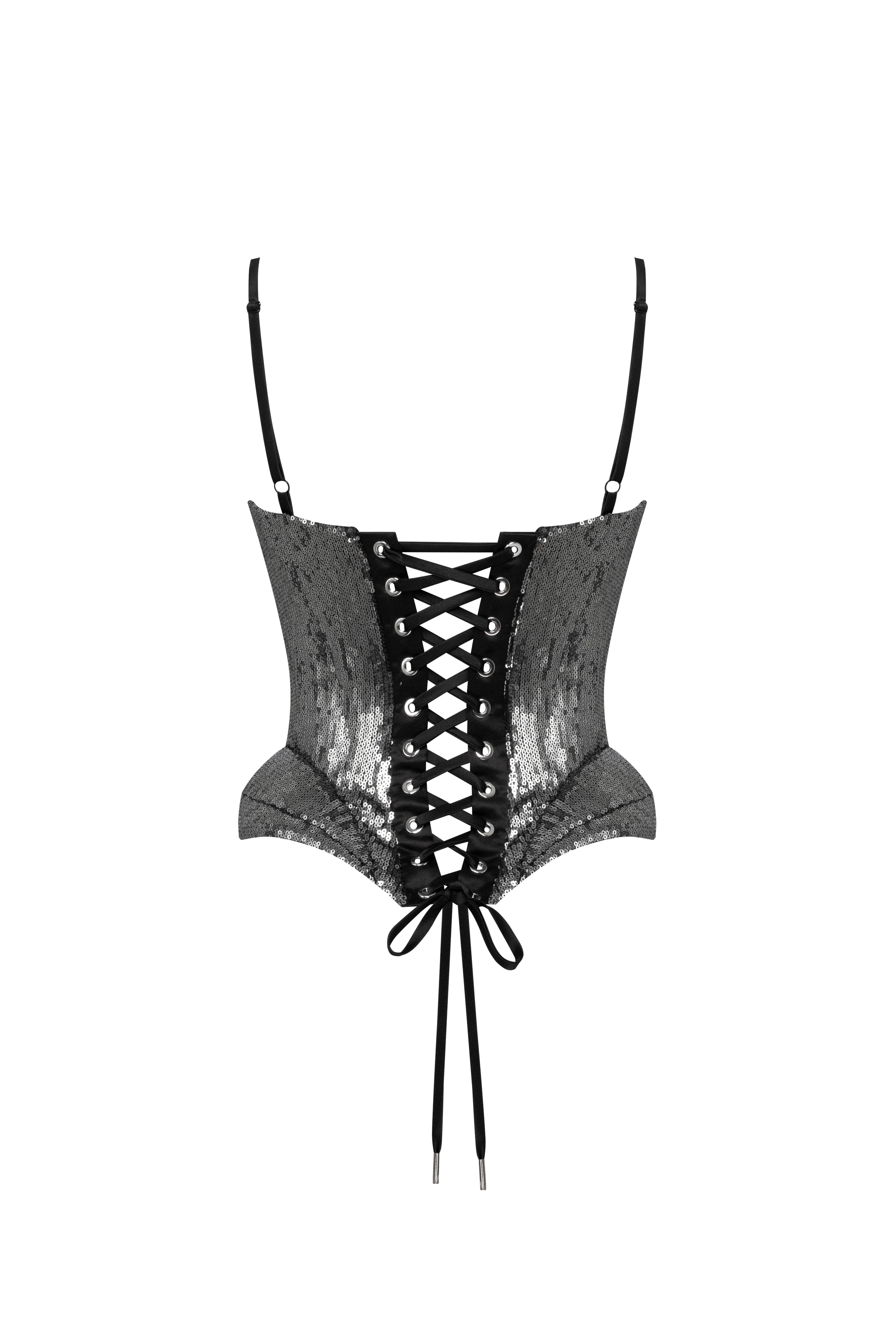 Sensational spaghetti straps sequined gray corset, Midnight Walk - Image 4