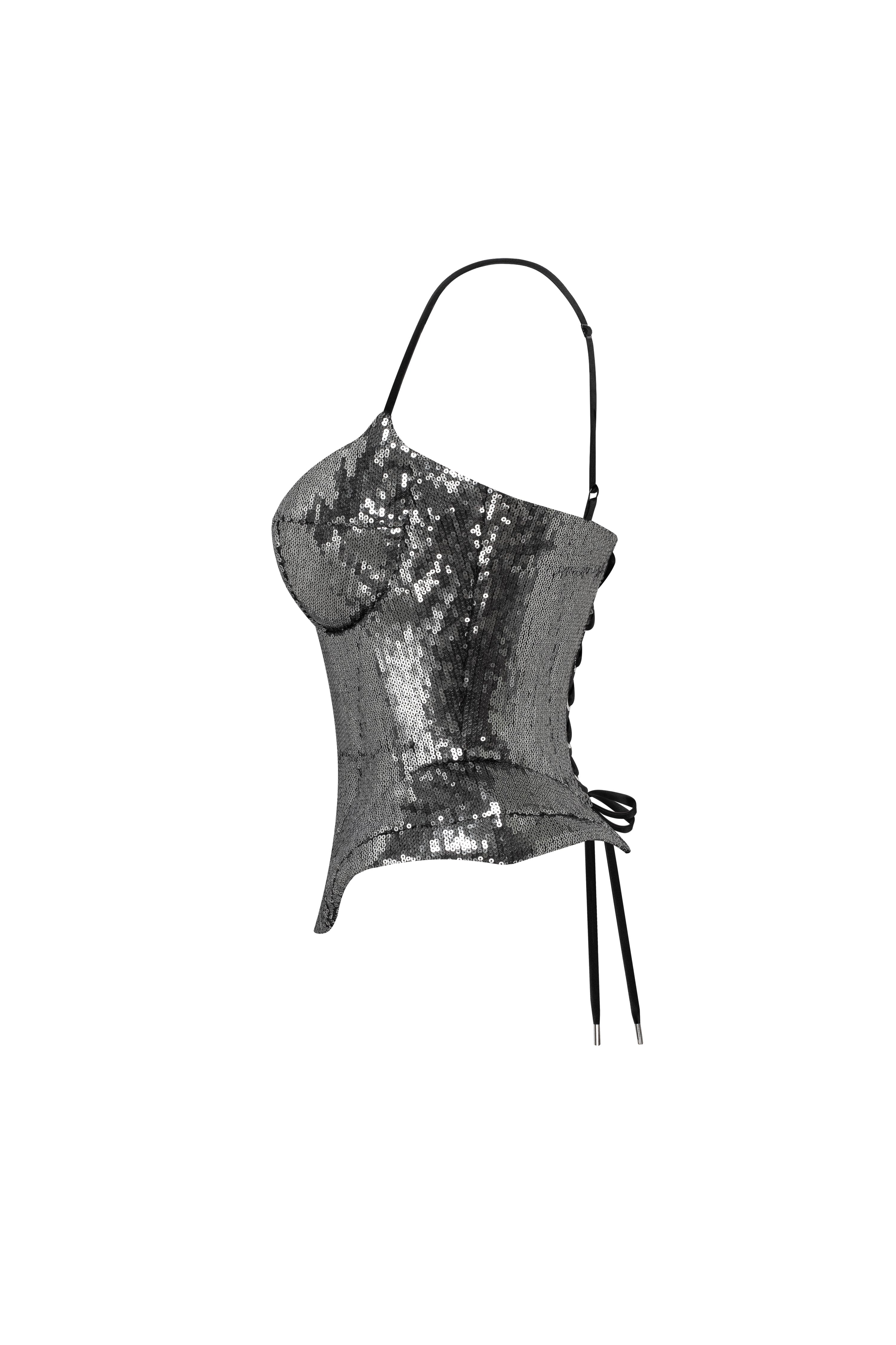 Sensational spaghetti straps sequined gray corset, Midnight Walk - Image 5