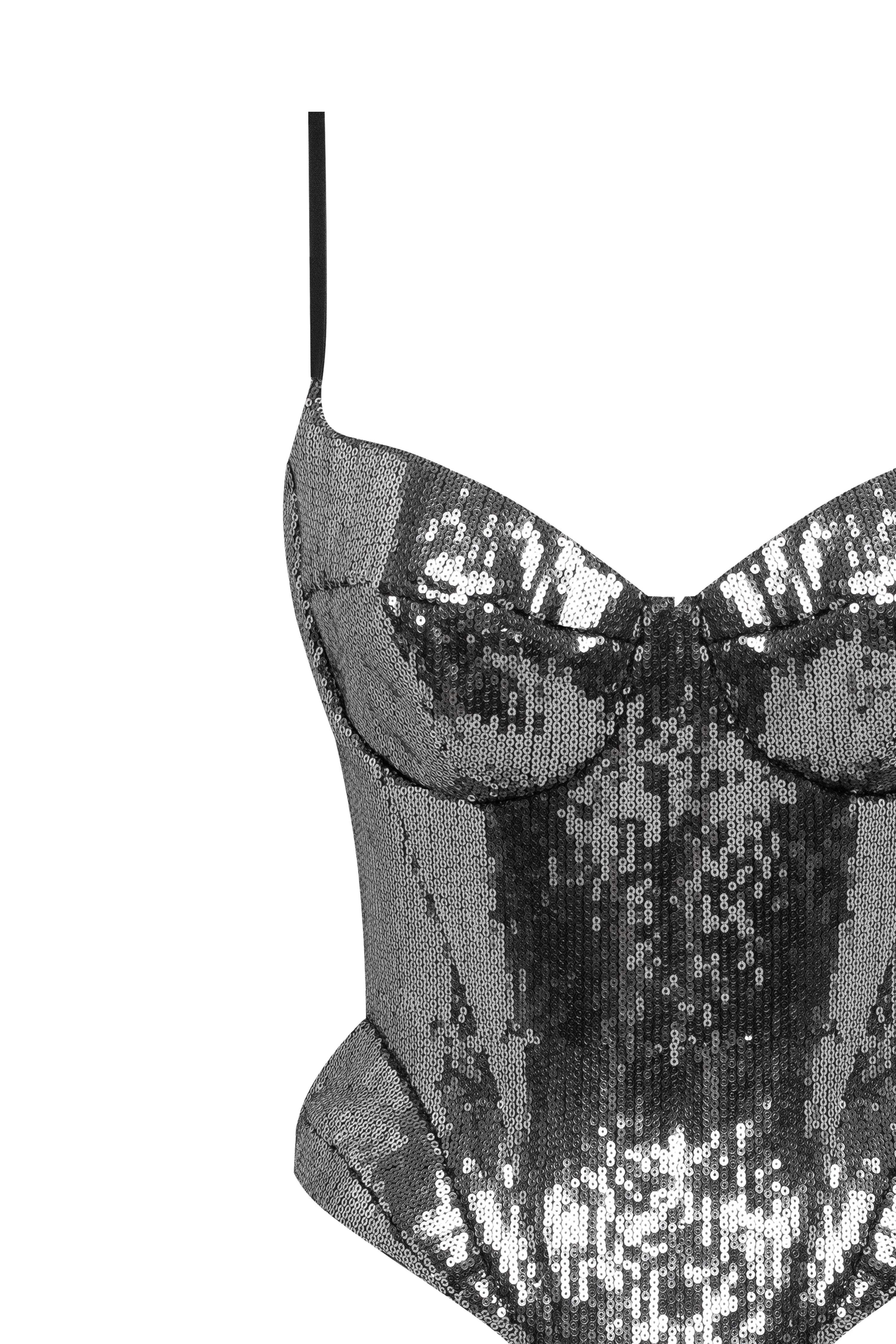 Sensational spaghetti straps sequined gray corset, Midnight Walk - Image 6