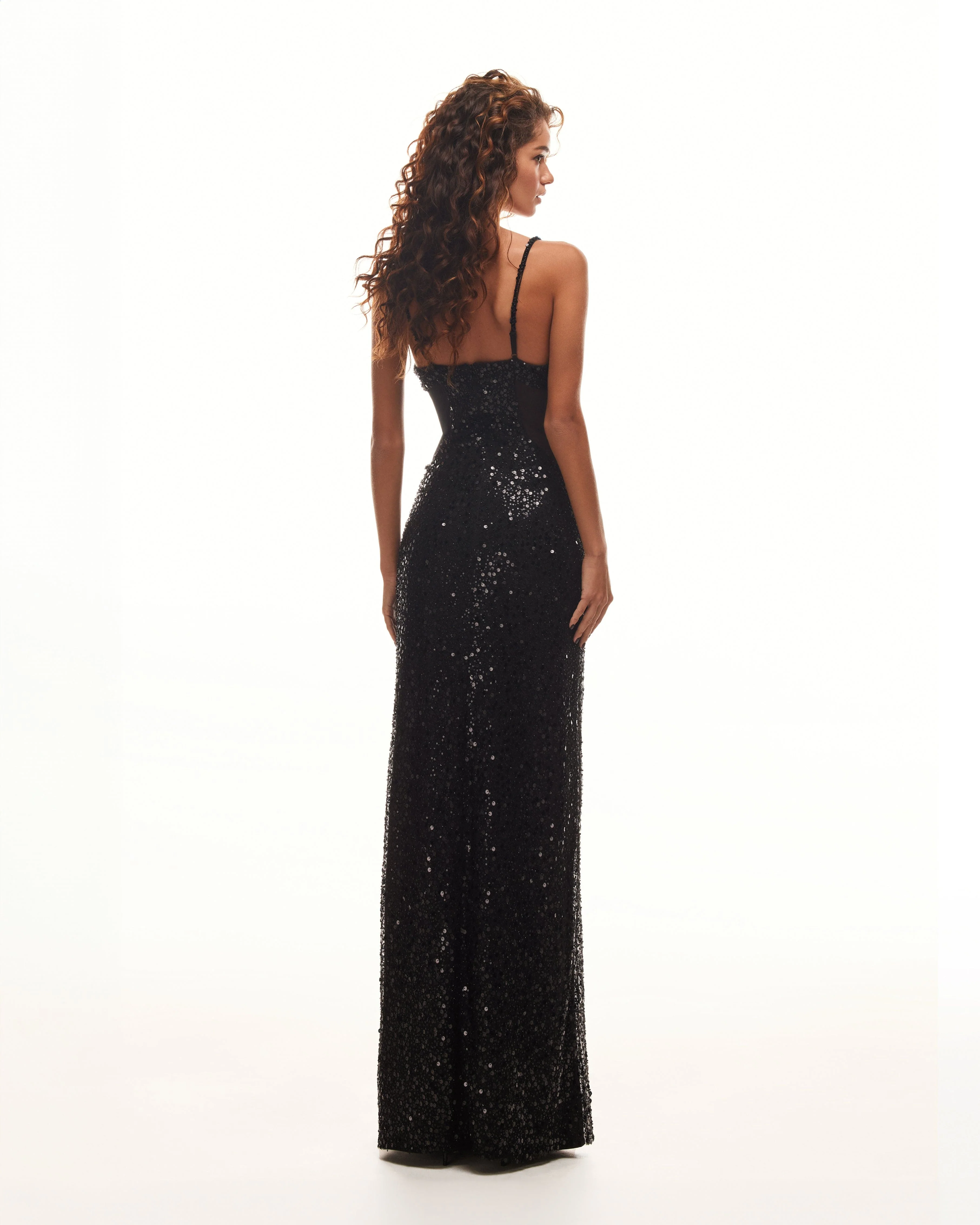 Sexy spaghetti straps black maxi covered in sequins, Smoky Quartz - Image 3