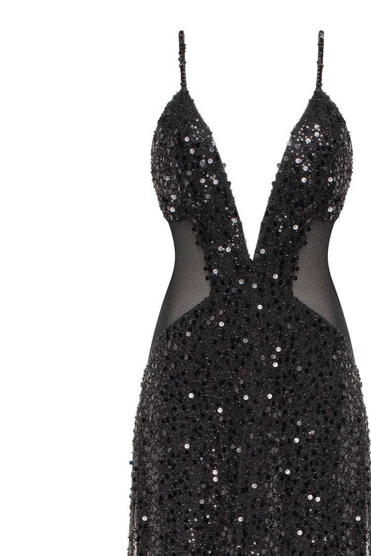 Sexy spaghetti straps black maxi covered in sequins, Smoky Quartz - Image 6