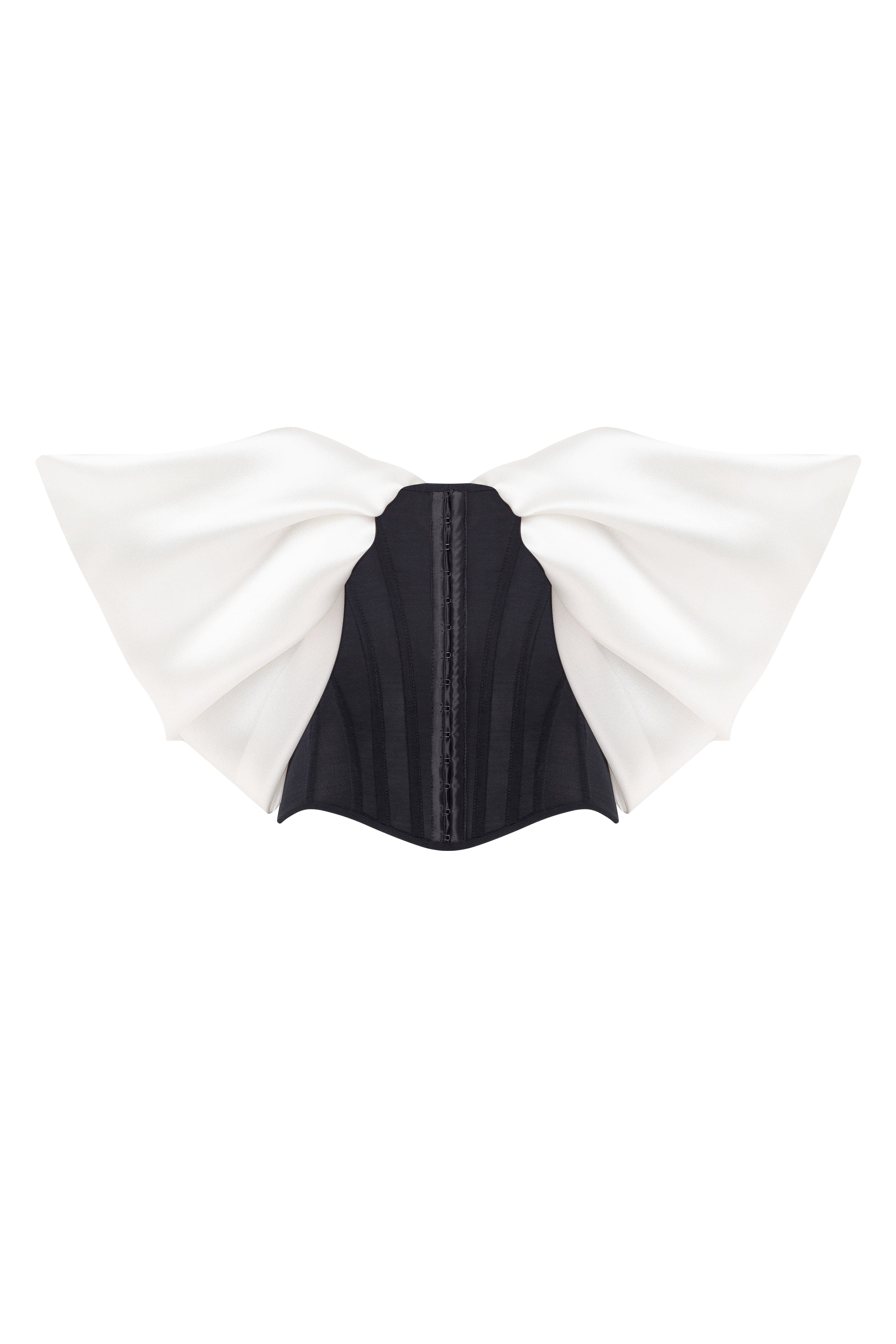 Sophisticated black fitted corset with white satin off-the-shoulder sleeves, Midnight Walk - Image 4