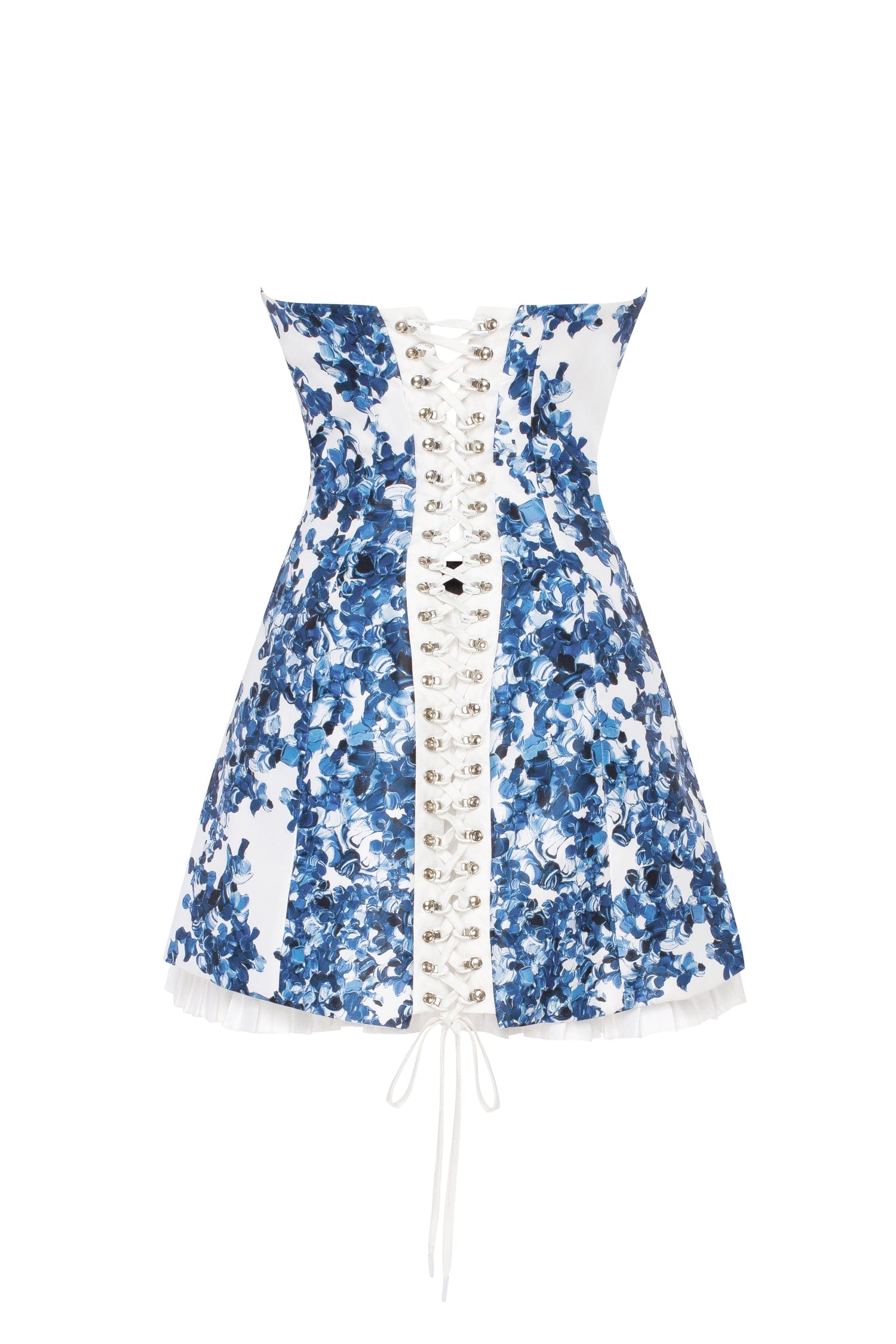Strapless blue hydrangea mini dress with accent lacing - Image 4