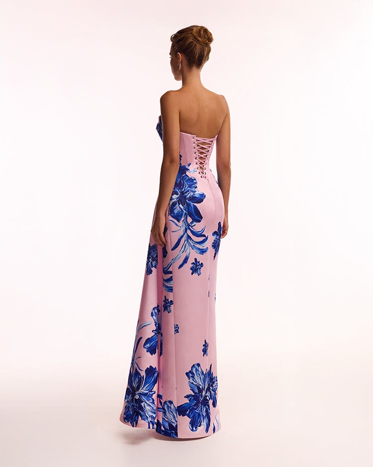 Strapless pink maxi dress with blue-flowered pattern, Glow-Up - Image 3