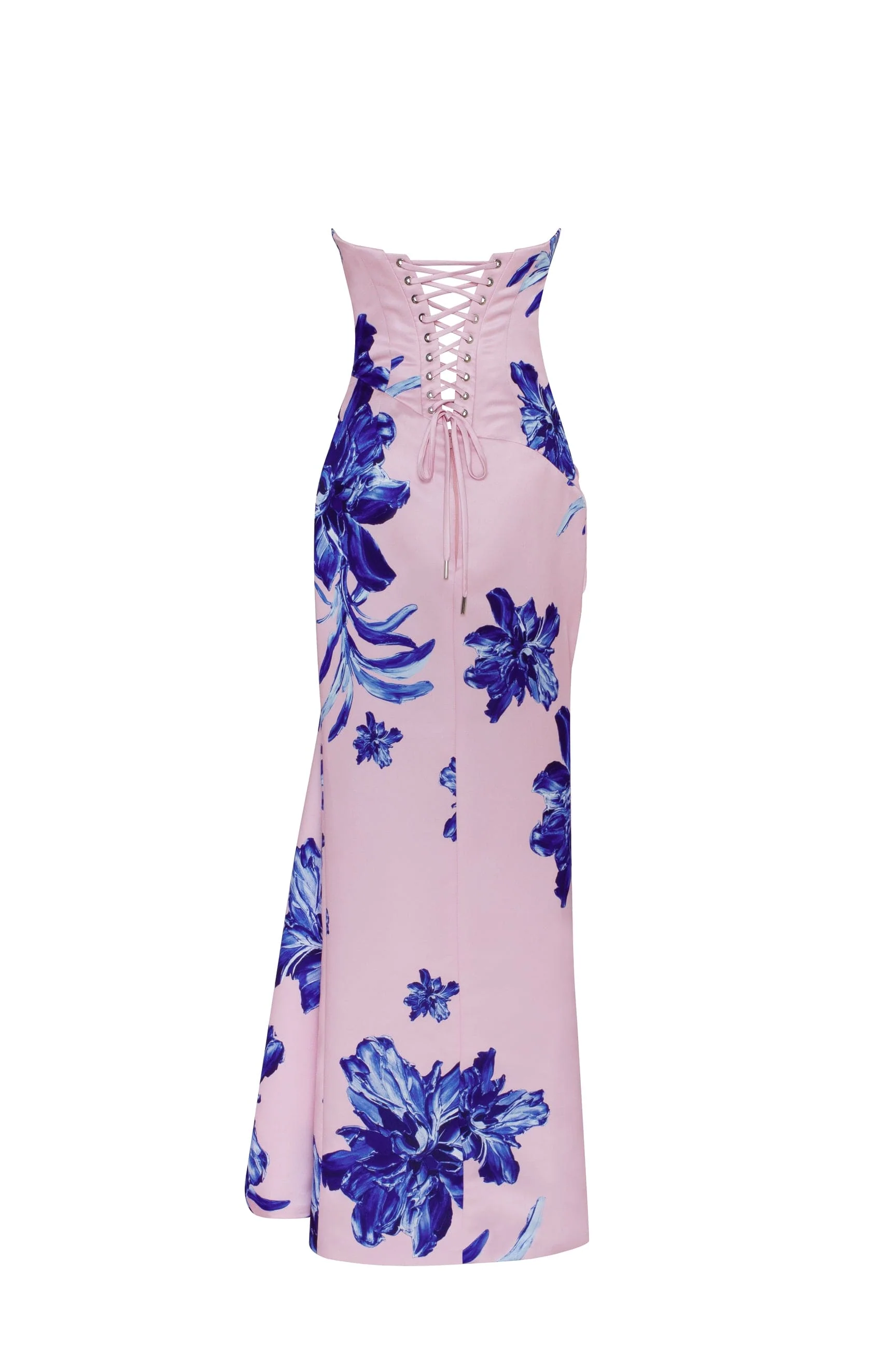 Strapless pink maxi dress with blue-flowered pattern, Glow-Up - Image 4