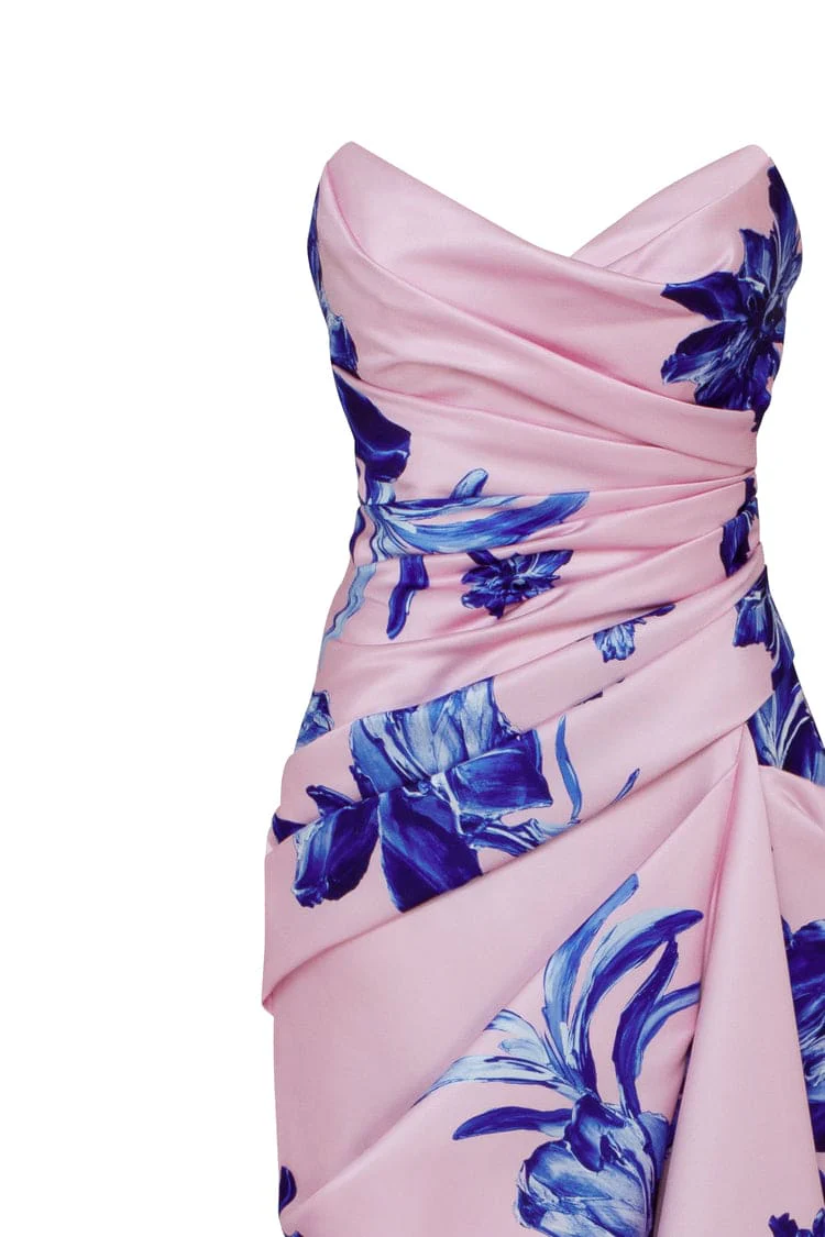 Strapless pink maxi dress with blue-flowered pattern, Glow-Up - Image 6