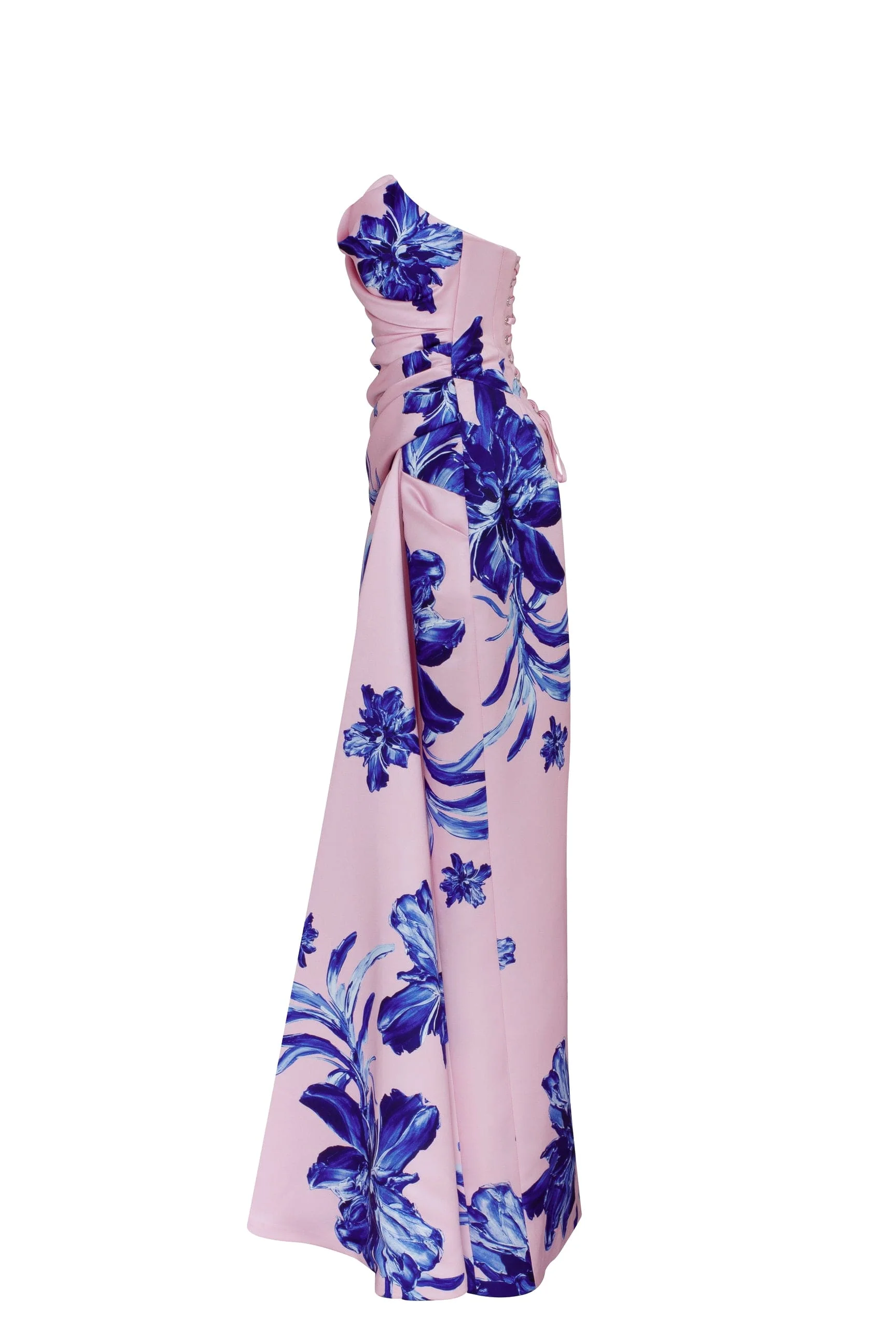 Strapless pink maxi dress with blue-flowered pattern, Glow-Up - Image 8
