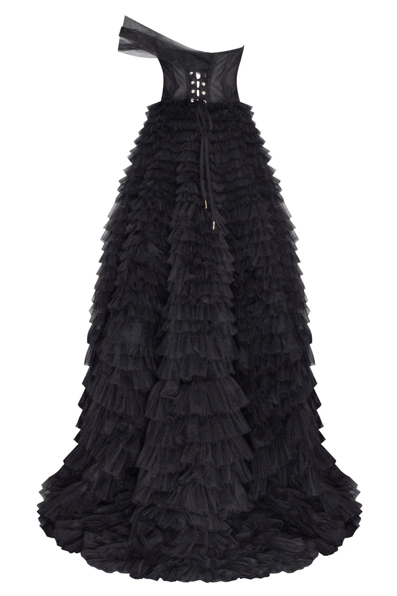 Timeless one-shoulder frill-layered ball gown in black - Image 4