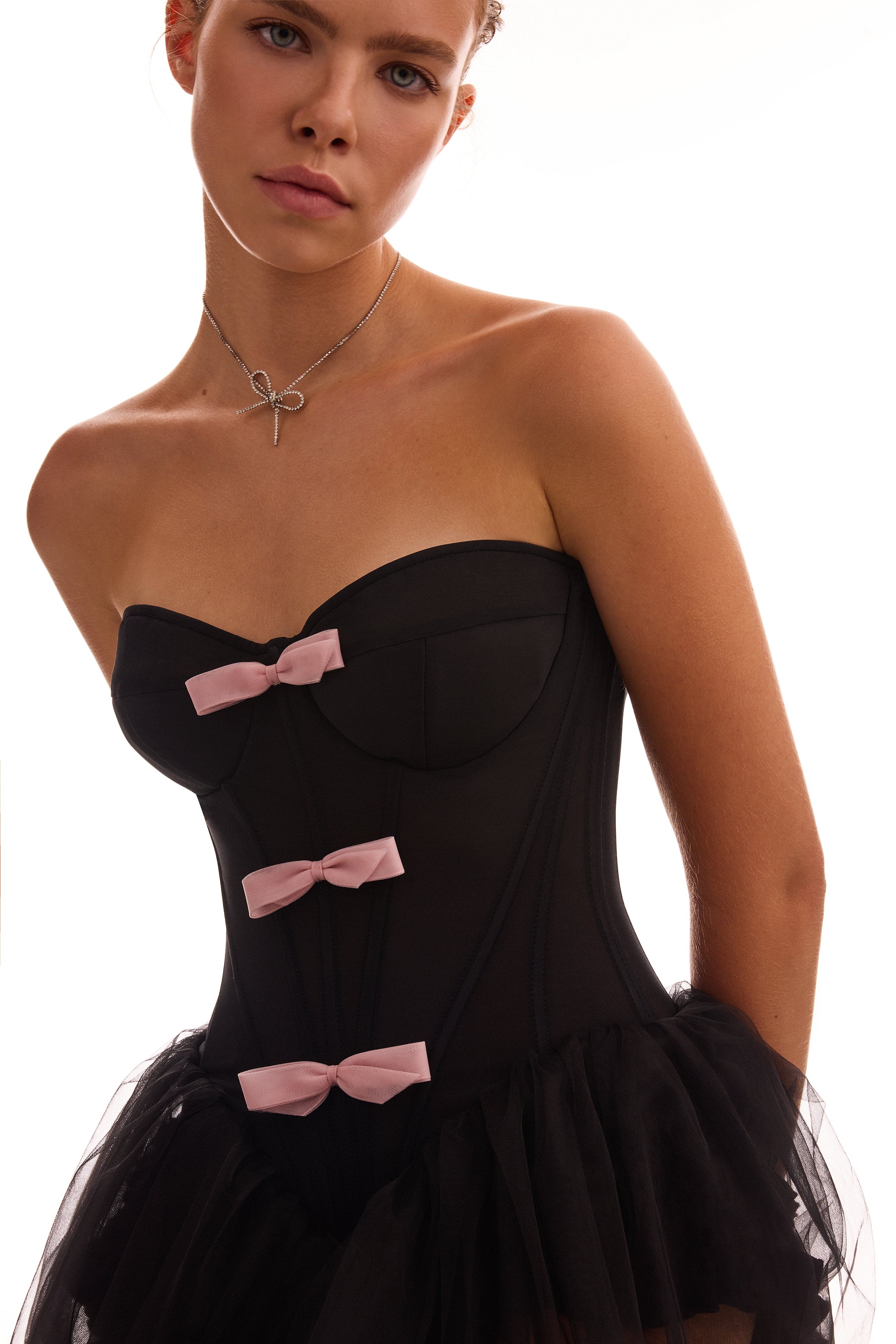 Tutu black mini dress with cute pink bows, Midnight Walk - Image 7