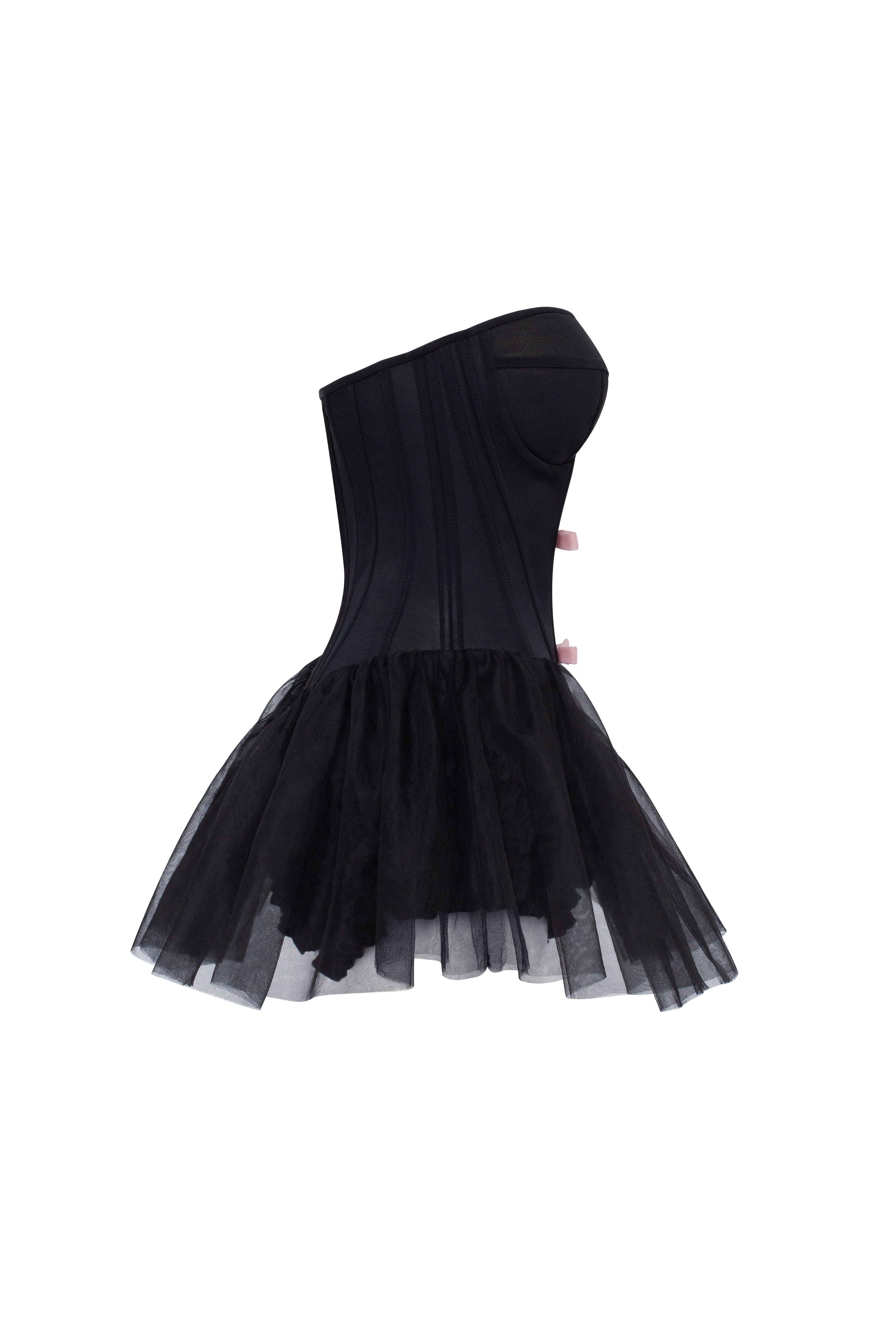 Tutu black mini dress with cute pink bows, Midnight Walk - Image 8
