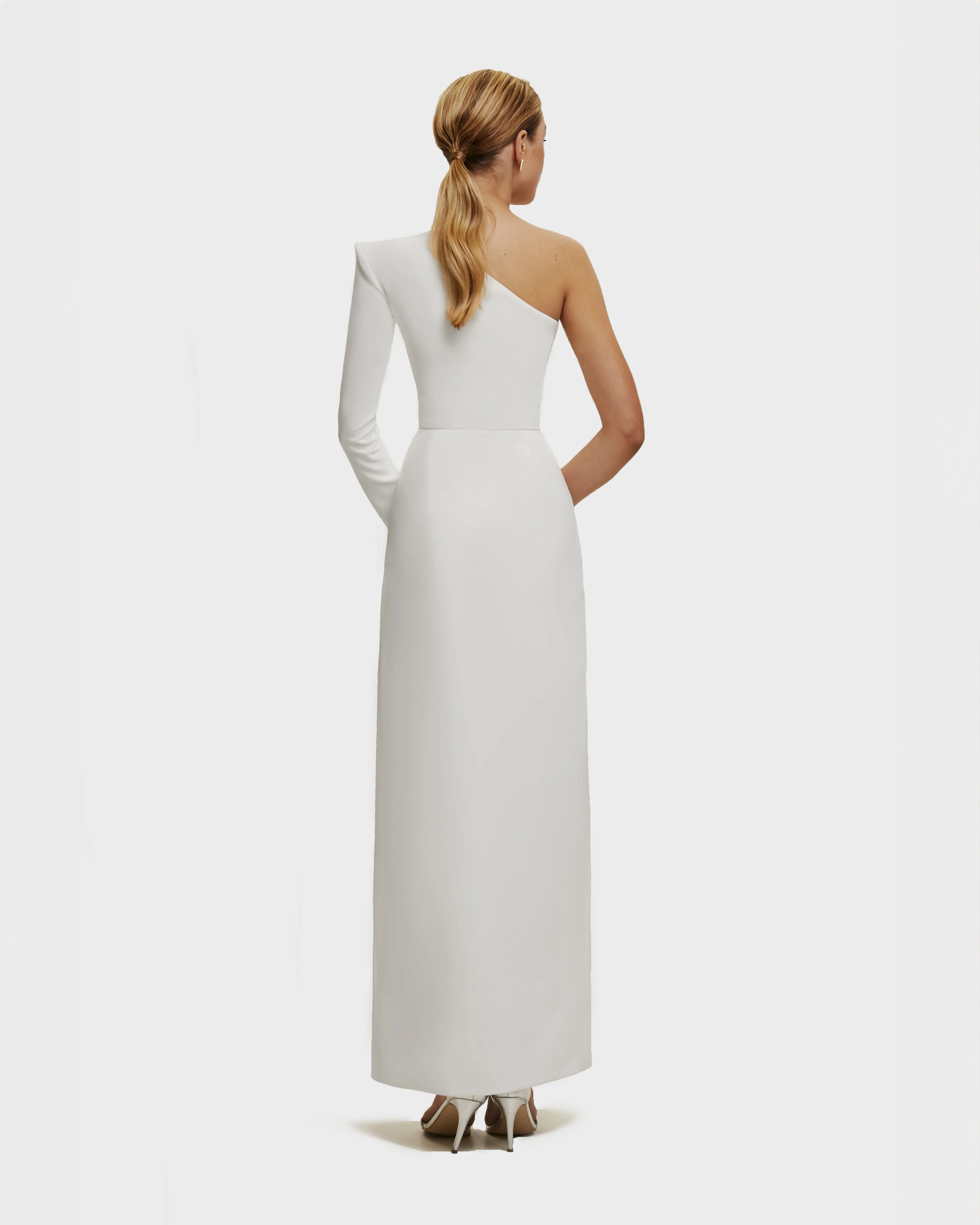 White Long-sleeved dress with sharp shoulder cut - Image 3