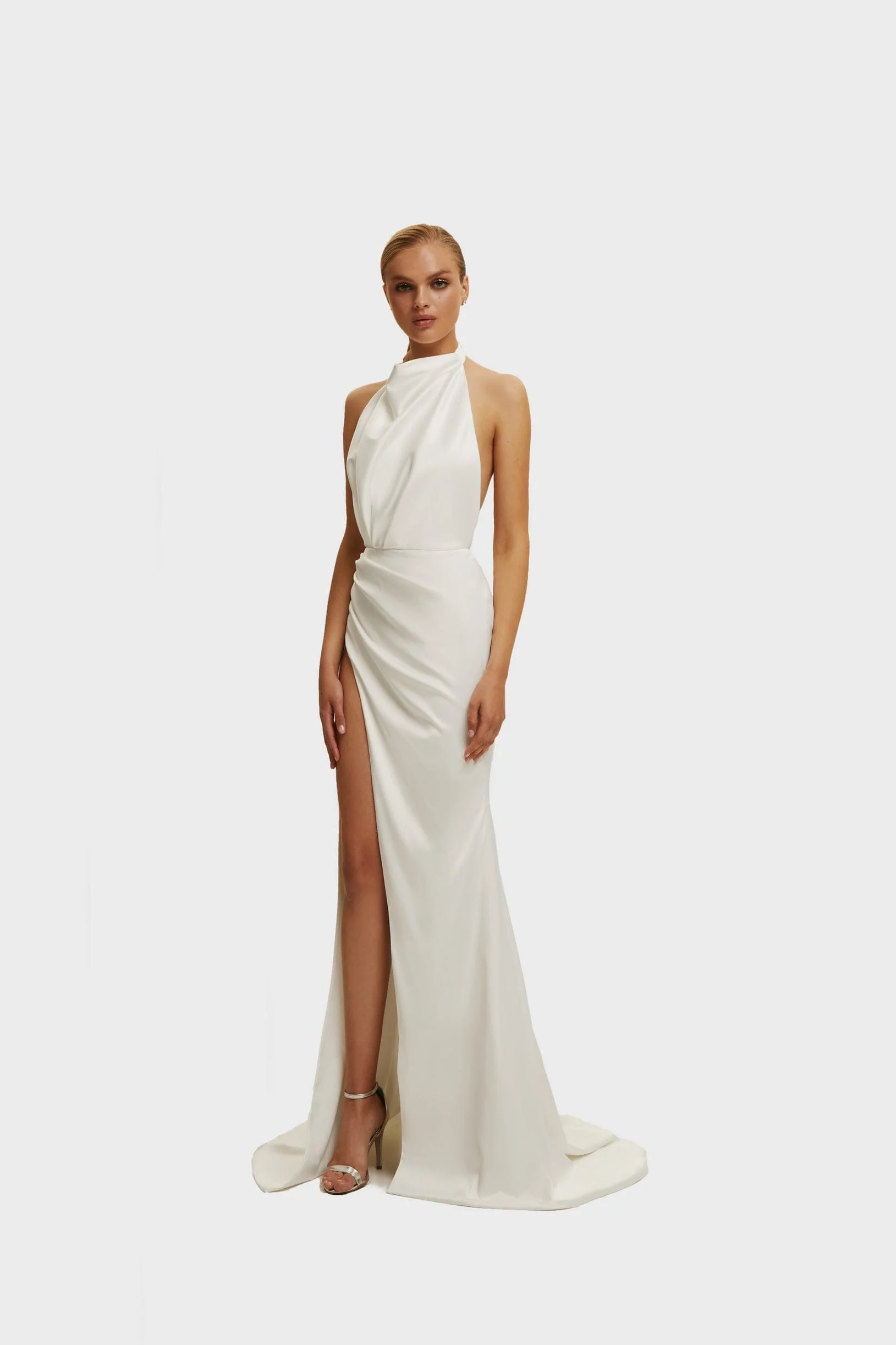 White Mock neck sleeveless high slit dress